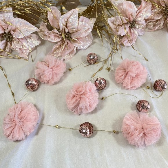 Vintage Inspired Merry Christmas Gold Blush Pink Tulle Tree Garland New 6' New - Picture 5 of 6